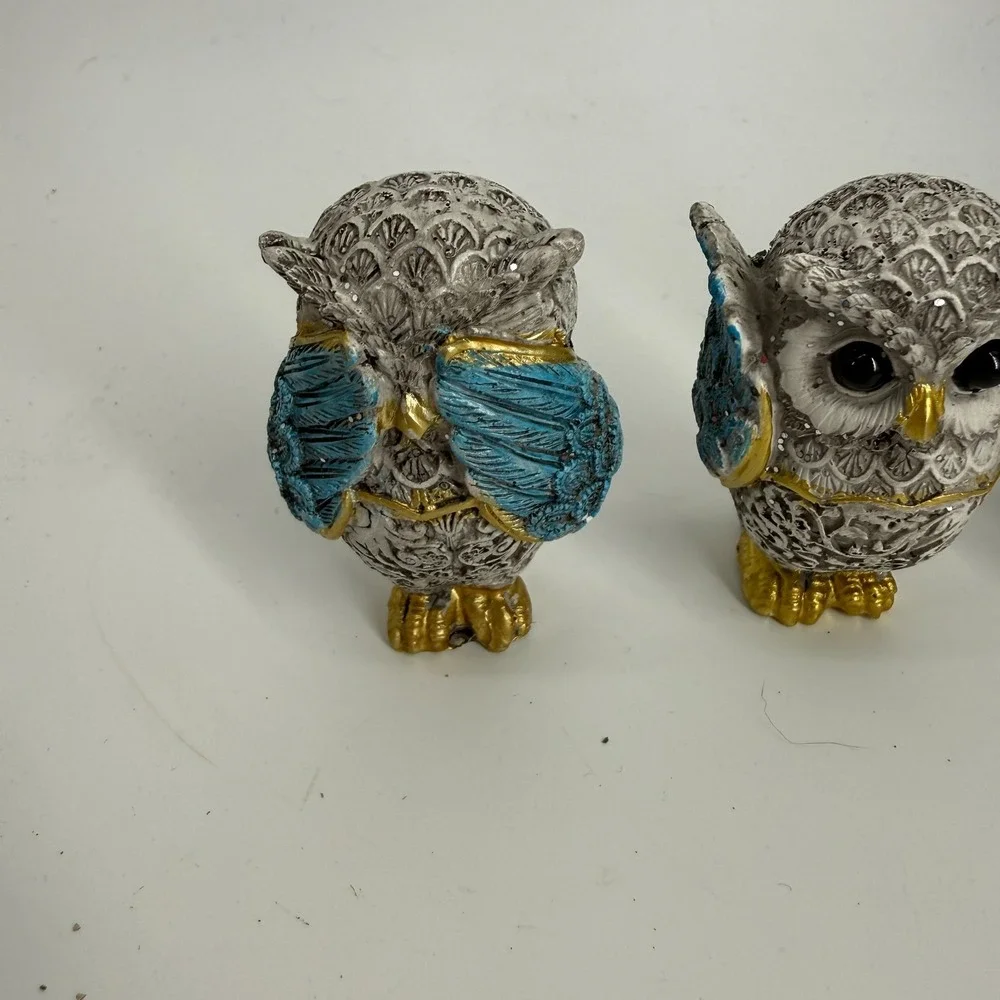See, Hear & Speak No Evil Owl Set Figurine Statue Silver Gold‎ Blue 2.5